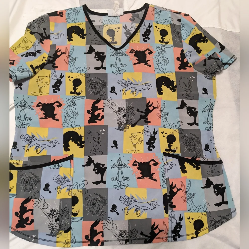 Looney Tune Characters Colorblock V-Neck Scrub Top - Picture 1 of 10